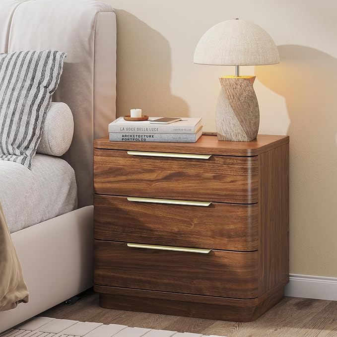 Nightstands Set of 2, Bedside Table with 3 Storage Drawers, 24" Tall Wood Night Stand with Charging Station, Modern Wide End Table Side Table W/Metal Handle Curved Profile for Bedroom