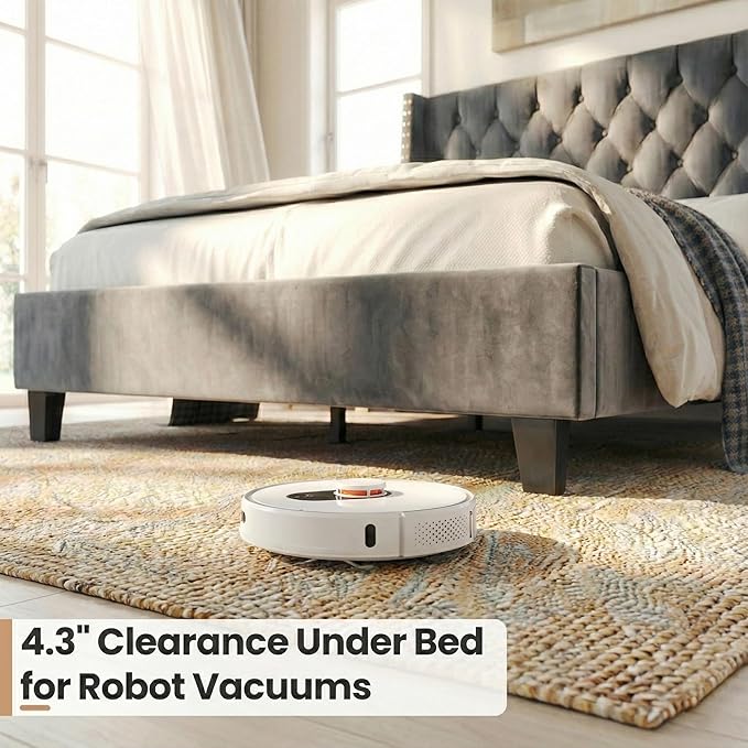 Queen Bed Frame Velvet, 47.2" Tall Wingback Headboard with Tufted Nailhead Trim, Upholstered Platform Bed with Sturdy Wood Slats, Robot Vacuum Friendly, No Box Spring Needed, Grey