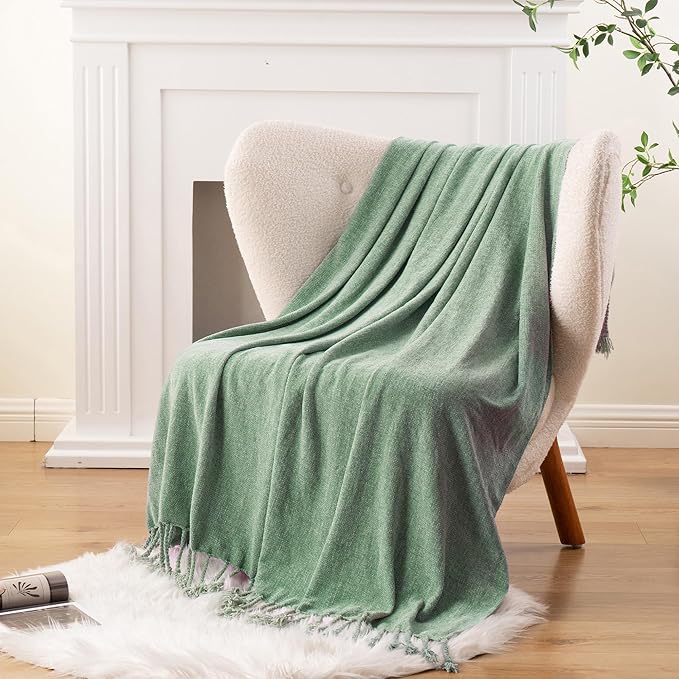 BATTILO HOME Sage Green Throw Blanket for Couch, Bed, Sofa - Soft Cozy Sage Chenille Throw with Fringe Tassels, Lightweight Green Knit Throw for Spring Home Decor, 50"x60"