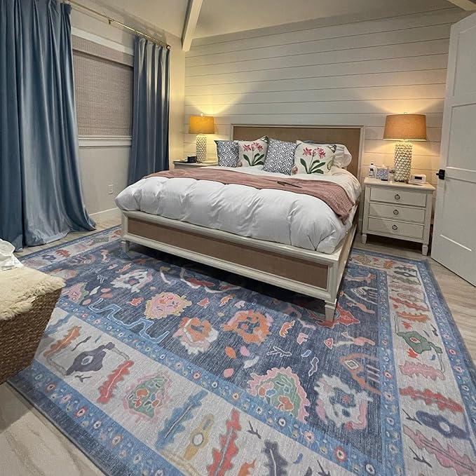 Fame Rugs Blue Modern Oushak Rug 6x9, Vintage Turkish Colorful Oriental Antique Inspired Washable Large Area Rugs, Luxury Living Room Bedroom (387BNB, 6' x 9')
