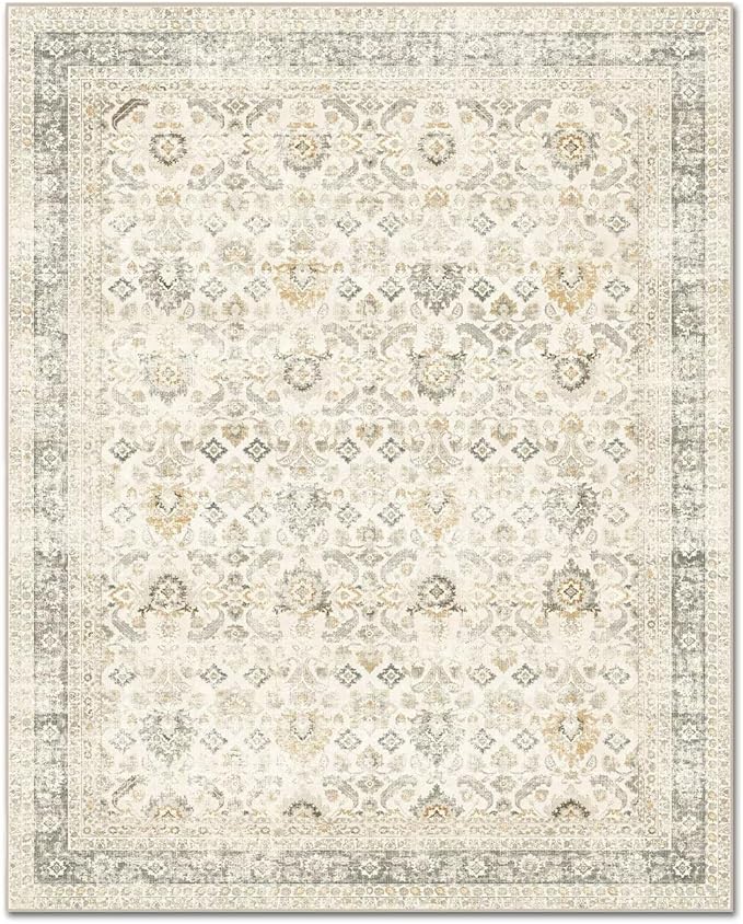 Washable 6x9 Area Rugs for Living Room, Boho Non-Slip Vintage Distress Large Rugs for Bedroom Dining Room Nursery Office, 0.3" Neutral Oriental Throw Thin Carpet, Grey/Beige/Orange/Multi
