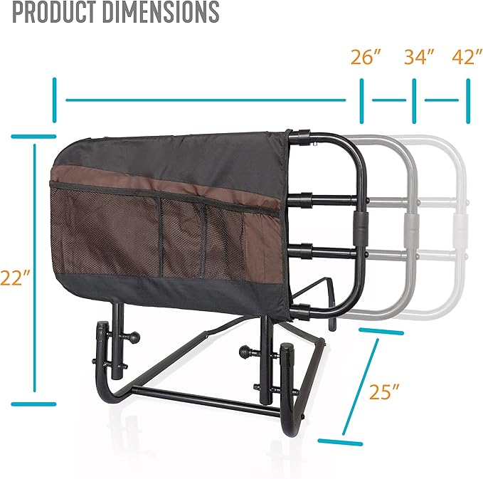 Stander EZ Adjust Bed Rail, Adjustable Senior Bedrail and Safety Assist Railing for Elderly Adults with Organizer Pouch, ASTM Safety Approved Guard-Rail, Black