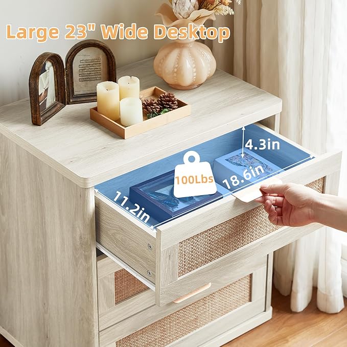 LEYAOYAO Rattan Night Stand with Drawers, 23" Large 3 Drawer Boho Nightstand, Grey White Bedside Table Storage Cabinet, Bed Side End Tables Dresser for Bedroom, Living Room, Hallway, Closet