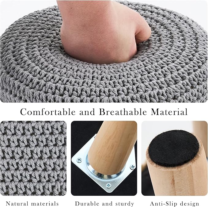 LGENHOOM Boho Ottoman Foot Stool Cotton Knitted Round Pouf Ottoman Foot Rest Stool with Non-Skid Wooden Legs Step Stool Padded Seat for Living Room Gray