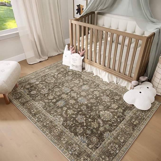 Washable 5x7 Area Rugs for Living Room, Boho Non-Slip Vintage Distress Rugs for Bedroom Dining Room Nursery Office, 0.3" Neutral Oriental Throw Thin Carpet with Cushioning Pad, Tan/Flaxen/Multi
