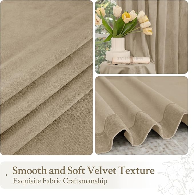 LAMIT Taupe 90 Inch Velvet Curtains for Living Room, Thick Thermal Insulated Room Darkening Drapes Super Soft Elegant Back Tab and Rod Pocket Panels for Sliding Glass Door, 2 Panels, 52 x 90 Inch