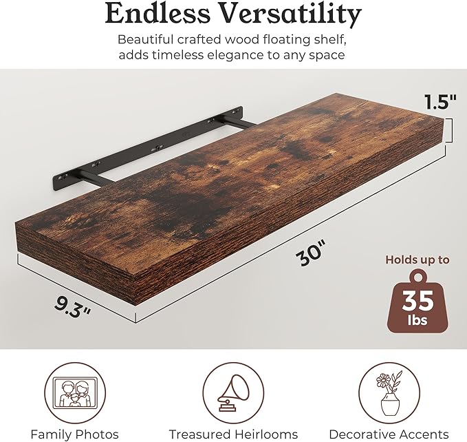 Floating Shelves for Wall, 9.3" Deep Wall Mounted Rustic Wood Shelves for Bathroom, Bedroom, Living Room, Kitchen, Hanging Shelf for Books/Storage/Room Decor (Brown, 30")