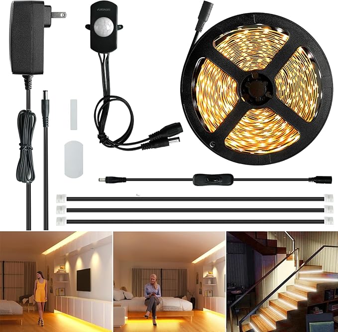 Sensky 19.7ft/6m Motion Activated LED Strip Light Kit Flexible LED Strip Motion Sensor for Bedroom, Gun Safe, Under Cabinet, Under Bed, Pantry, Kitchen, Stairway, Closet(Warm White 3000-3500K)