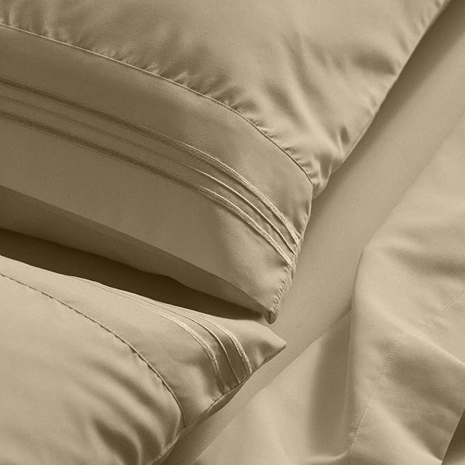 Mellanni California King Sheet Set - 6-Piece Iconic Collection Bedding, (Including 4 Pillowcases), 21-Inch Extra Deep Pocket, Easy Care, Ultra Soft, Cooling Sheets, Brushed Microfiber - New Beige