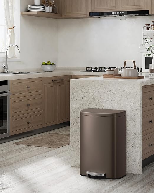 GarveeHome 13 Gal & 2.6 Gal Trash Can Combo Set, Kitchen Trash Can and Bathroom Trash Bin with Lid, Step-On Rustproof Garbage Bin with Inner Bucket, Brown