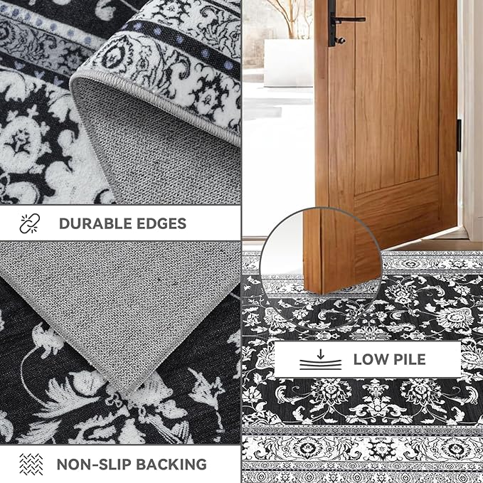 2x6 Runner Rugs for Hallways: Washable Kitchen Rugs Ultra Soft Vintage Carpet Low Pile Floral Runner with Rubber Backing Non Slip for Bedroom Bathroom Laundry Living Room Dining Black White