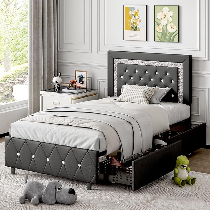BarnFurin Twin Bed Frames with LED Lights and Storage Drawers, Upholstered Bed Frame with Diamond Headboard, Faux Leather Modern Platform Bed, Wooden Slats Support, No Box Spring Needed, Black