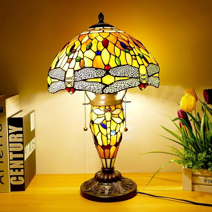 Tiffany Table Lamp 3 Lights Dragonfly Stained Glass Table Lamp Victorian Mother-Daughter Vase Bedside Lamp with Night Light for Bedroom Living Room Home Coffee Decor,11inch