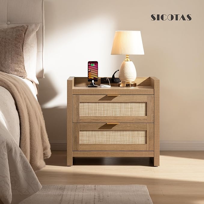 SICOTAS Rattan Nightstand End Table - Night Stand Bedside Table with Type-C Charging Station, 2 Drawers Storage - Boho Night Stands for Bedroom - Natural Oak