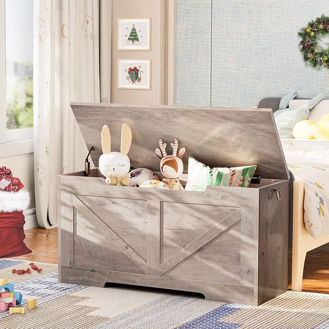 HOOBRO Storage Bench, 39.4” Retro Wooden Storage Chest with U-Shaped Cut-Out Pull, Safety Hinge, Supports 220 lb and Easy Assembly for Toy Box Organizer (Greige) BG771CW01