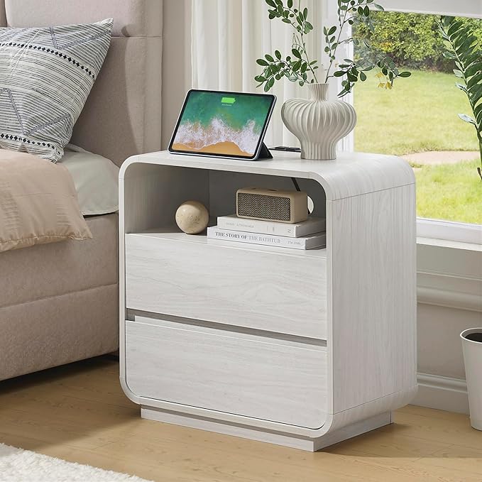 Farmhouse White Nightstand with Charging Station, 25" Tall Wood Bedside Table, Modern Night Stand with 2 Storage Drawers, Curved Profile, End Table for Bedroom, Dorm, Sofa, Office
