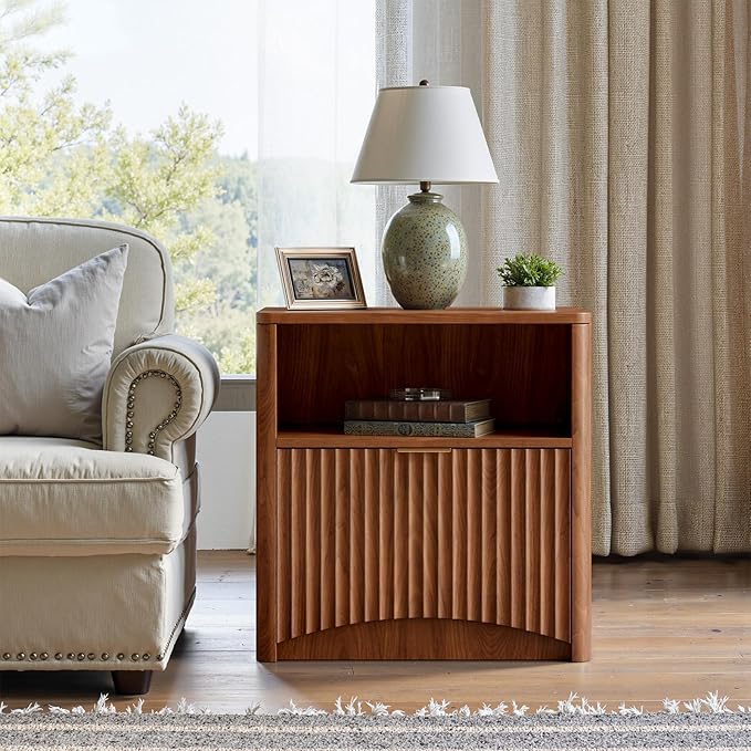 Evermagin Fluted Nightstand Set of 2, Walnut Bedside Table with Drawer and Storage, Wood End Table Mid Century Modern, Large Night Stand for Bedroom