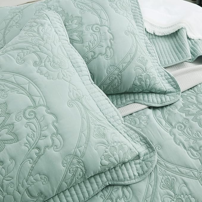 CHIXIN Bedspread Coverlet Set Queen Size - Lightweight Bedding Cover - Beautiful Stitching - 5 Piece Reversible Bedspread - Gorgeous Damask Paisley Pattern (Queen, Seaglass)