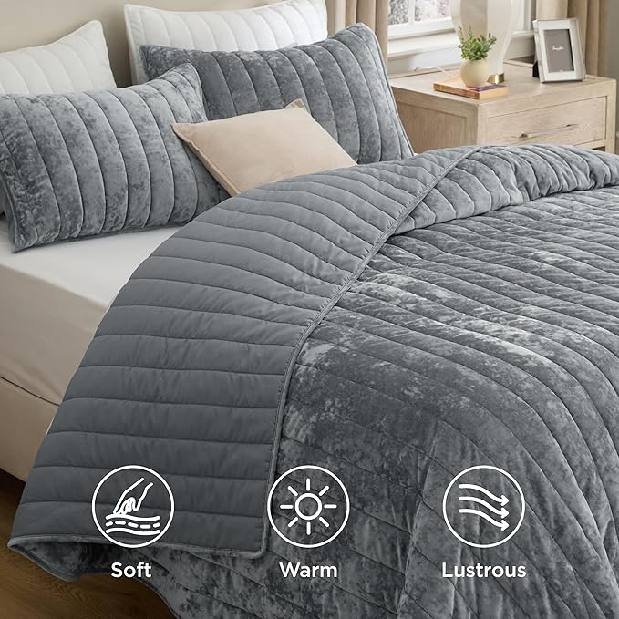 Bedsure Velvet Quilt Queen Size Set - Lightweight Velvet Comforter Queen, Luxury Bedspread Coverlet, Ultra-Soft Winter Bedding Set with 2 Pillow Shams, 90"x96", Sliver Gray