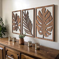 qmmp Modern Wooden Wall Sculptures - Set of 3 - Home Decor Accent - Large Wall Art for Living Room, Bedroom, Office - Easy Installation (Walnut, Large - Tree Leaves)