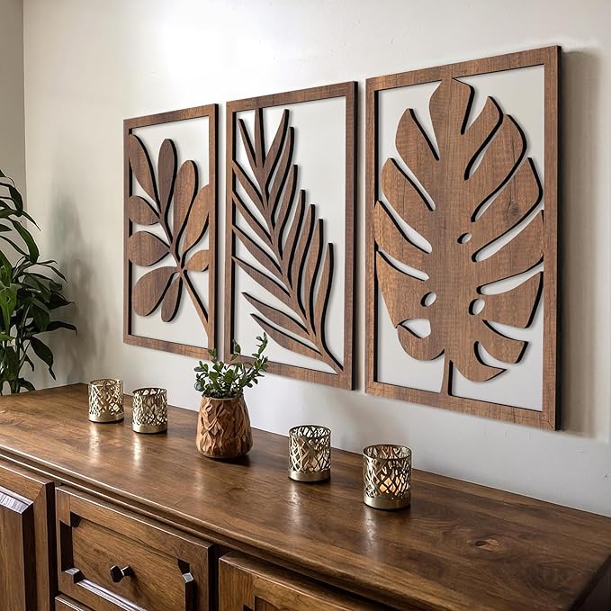 qmmp Modern Wooden Wall Sculptures - Set of 3 - Home Decor Accent - Large Wall Art for Living Room, Bedroom, Office - Easy Installation (Walnut, Large - Tree Leaves)