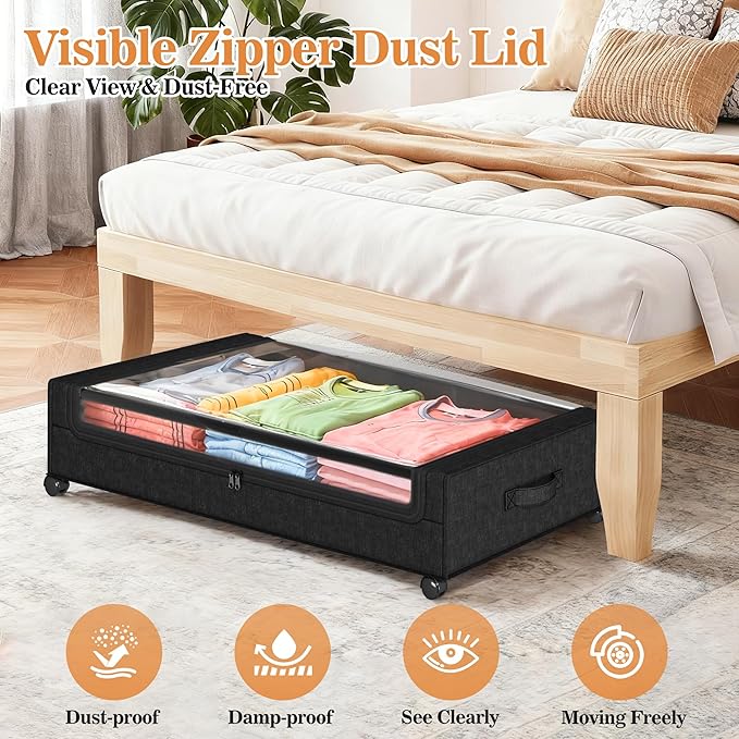 2 Pack Under Bed Storage with 4 Dividers, Large Under Bed Storage Containers with Wheels for Clothes, Shoes, XXL Rolling Underbed Storage Organizer Bins with Clear Lids and Handles
