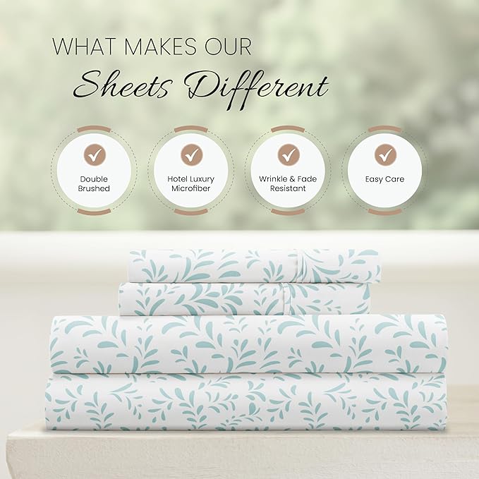 Linen Market Double-Brushed Patterned Microfiber California King Sheet Set 4 Piece – Oeko-TEX Certified Ultra Soft & Wrinkle-Free - 16" Deep Pocket Sheets Easy Care Cal-King Size - Vines Light Blue