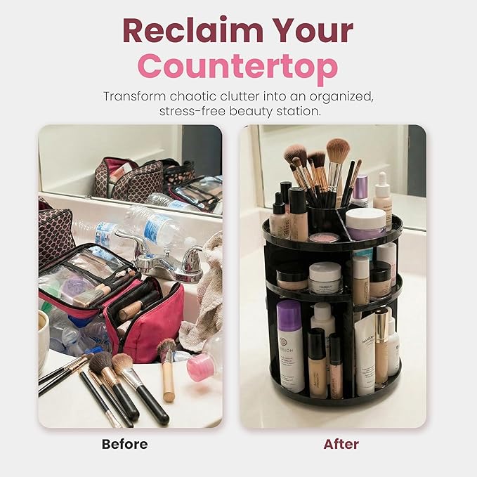 360 Rotating Makeup Organizer - Adjustable Shelf Height and Fully Rotatable. The Perfect Cosmetic Organizer for Bedroom Dresser or Vanity Countertop. (Black)