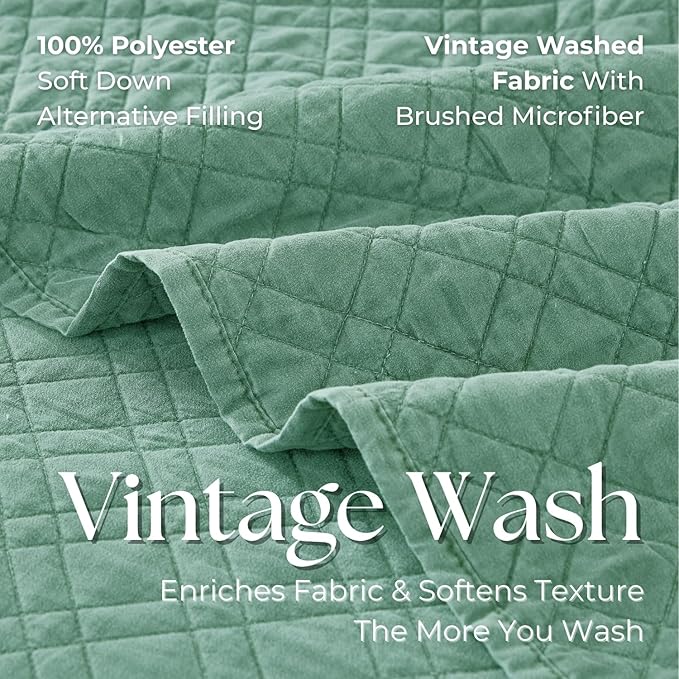Cali King Quilt Set with Shams Lightweight Quilted Bedspread Coverlet Thin Comforter Bed Cover Vintage Washed Quilted Blanket for All Season, Brushed Microfiber Diamond Stitching, Green, 111"x92"