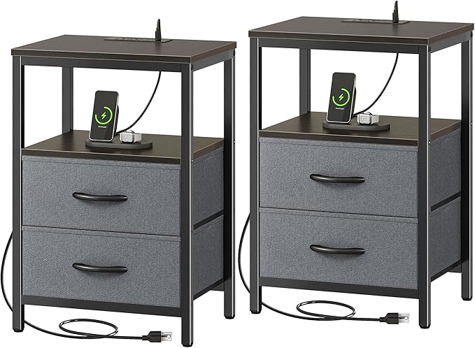 Huuger Nightstands Set of 2, End Tables with Charging Station, Fabric Drawers, Bedside Tables with USB Ports and Outlets, Night Stands for Bedroom, Walnut