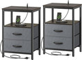 Huuger Nightstands Set of 2, End Tables with Charging Station, Fabric Drawers, Bedside Tables with USB Ports and Outlets, Night Stands for Bedroom, Walnut