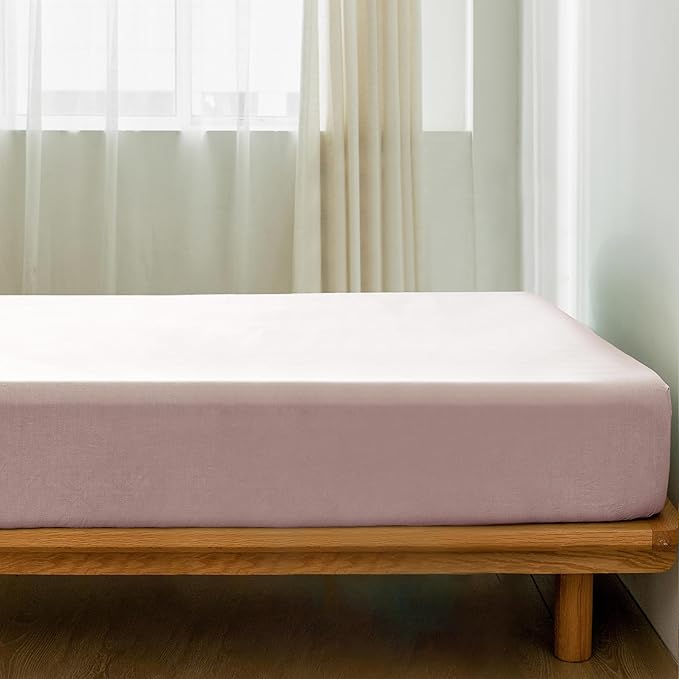 MooMee Fitted Bottom Sheet Only 100% Washed Cotton Linen Like Textured Breathable Durable Soft Comfy Deep Pocket Fits Mattress up to 17" (Greyish Pink, Queen)