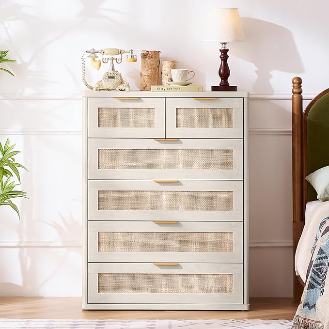 LEYAOYAO White Dresser for Bedroom, 41" Tall Chest of Drawers, Modern 6 Drawers Boho Rattan Dressers with Storage, Dresser Wooden Closet Organizer for Living Room, Hallway
