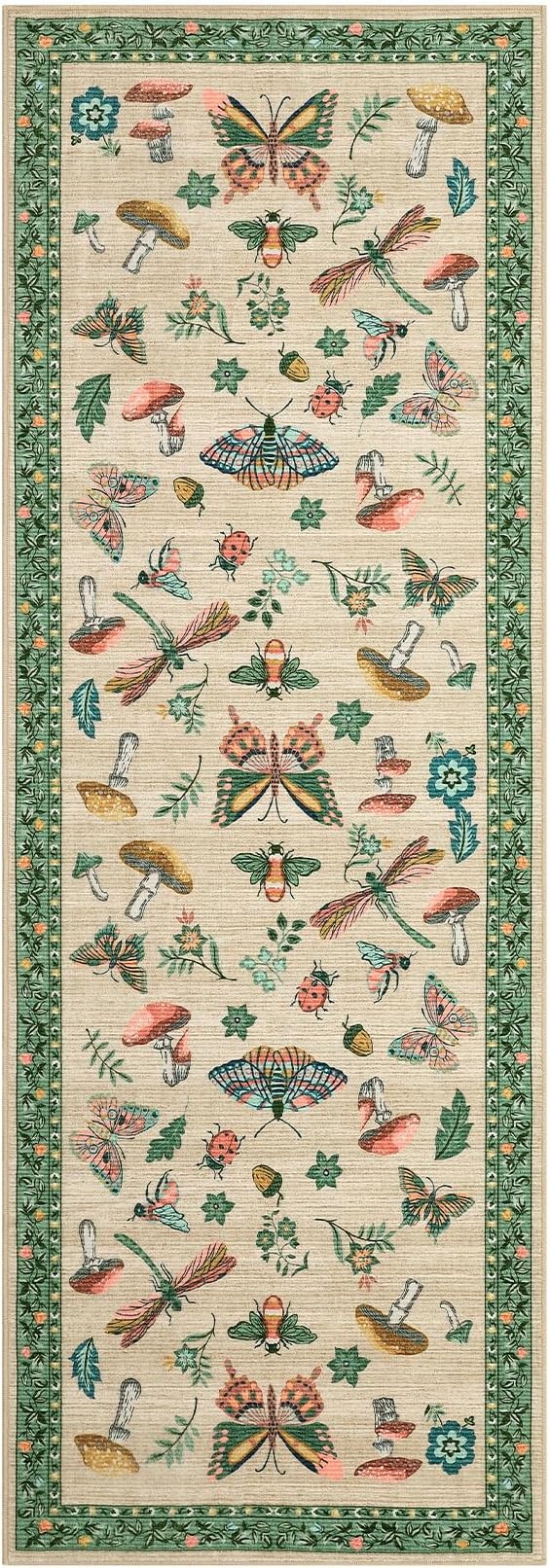 Mushroom Insect 2x6 Runner Rug for Hallway Washable Kitchen Rugs Non Slip with Rubber Back Khaki Green Low-Pile Stain Resistant Indoor Carpet for Entryway Bathroom Laundry Dorm