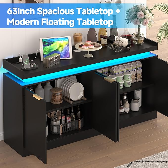 LED Sideboard Buffet Cabinet with Storage, 63'' Large Kitchen Buffet Cabinet Storage Cabinets with 4 Doors, Wood Coffee Bar Cabinets Buffet Table for Kitchen, Dining Room, Entryway
