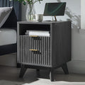 T4TREAM Fluted Nightstand with Charging Station, 18" Modern Side Table, 2 Drawers End Table with Storage, Bedside Table for Bedroom, Living Room, Curved Profile Design, Dark Alder