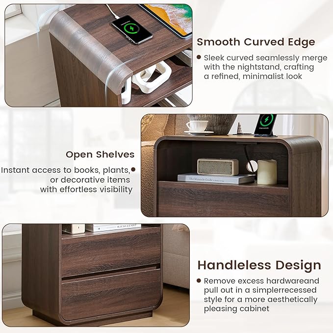 Farmhouse Night Stand, 25" Tall Wooden Nightstand with Charging Station, 2 Storage Drawers Bedside Table Curved Profile, Handleless, Large End Table Side Table for Bedroom, Office, Walnut