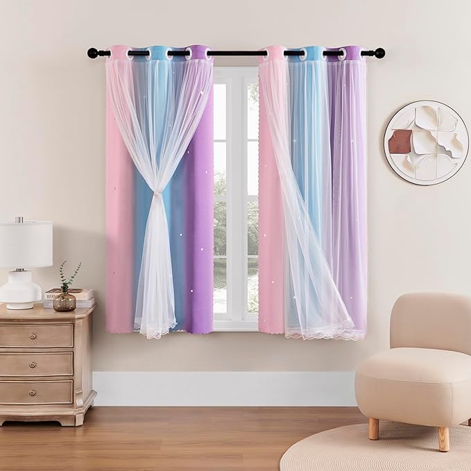 XiDi Curtains for Bedroom Decor, Rainbow Pink Purple/34/45