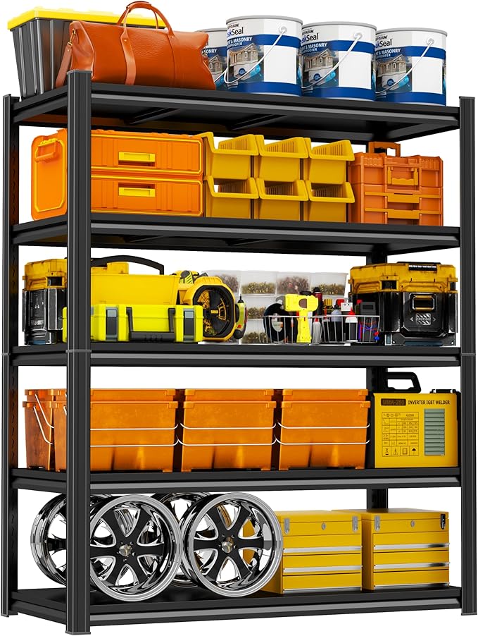 Storage Shelves, Garage Metal Shelving Unit, Adjustable, Double-Layer Column with Reinforced Ribs, Heavy-Duty, Capable of Bearing 3000 lbs, Suitable for Garage, Warehouse, Kitchen Storage