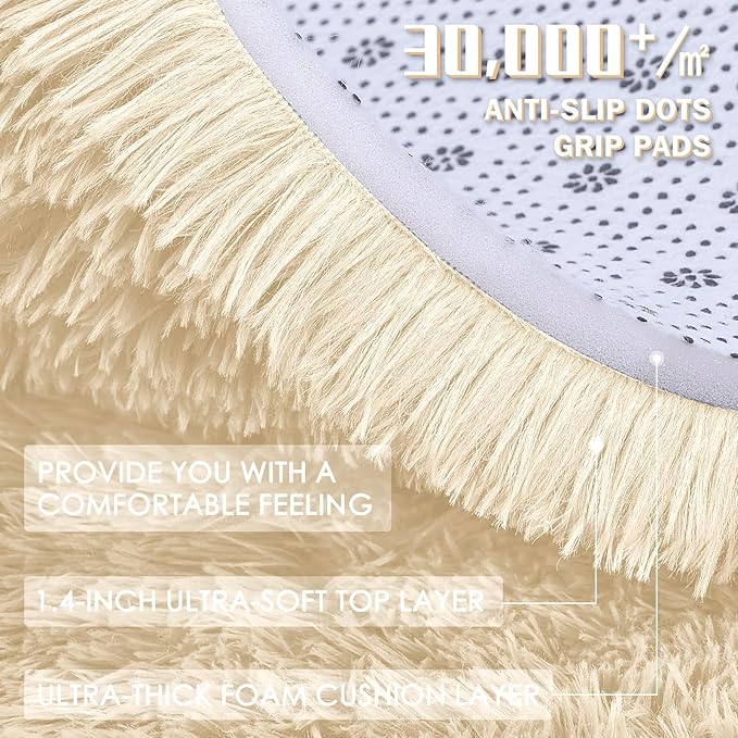 OLANLY 3x5 Machine Washable Small Bedside Rug, Soft Fluffy Shaggy Rugs for Living Room, Bedroom, Indoor Floor Carpet for Kids Girls and Boys, Preppy Dorms, Nursery, Home Decor Aesthetic, Cream