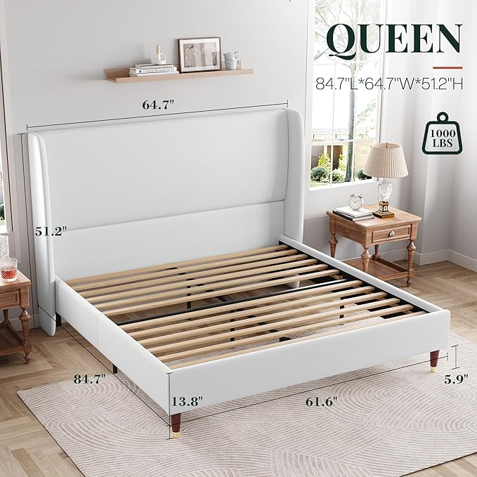 Jocisland Queen Upholstered Platform Bed Frame with 51.2" Tall Wingback Headboard–Solid Wood Legs, No Box Spring Needed, White Linen–Modern Style for Any Bedroom