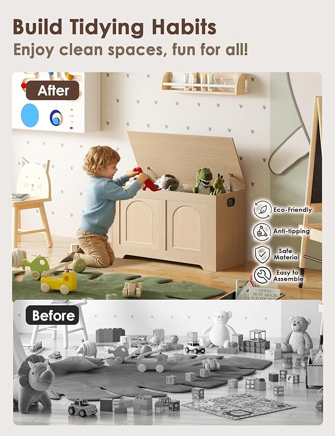 DINZI LVJ Storage Chest, 31.5”Wooden Toy Box with 2 Safety Hinges, Entryway Storage Bench with Flip-Top, Sturdy Storage Trunk for Living Room, Bedroom, Easy Assembly, Natural