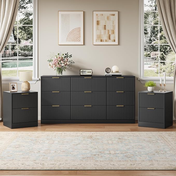 9 Drawer Dresser & Nightstand Set 3-Piece, 63” Wide Fluted Bedroom Dresser Set Night Stand Set of 2 with Metal Handle, Modern Wood Chest of Drawers Storage Dressers Set for Bedroom, Black