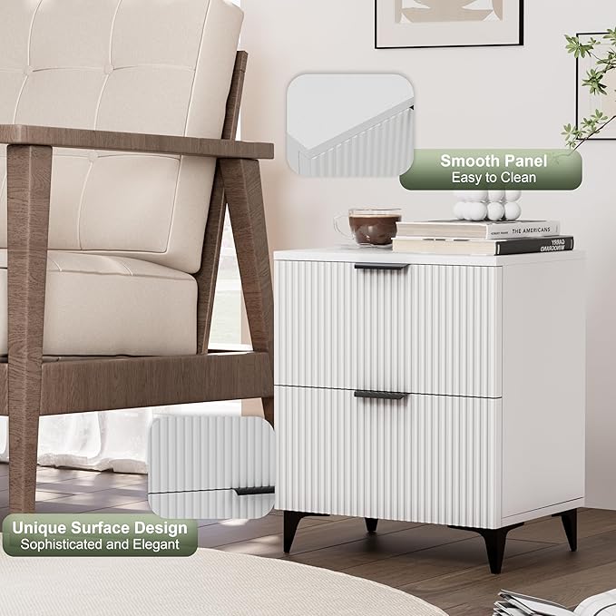 Royal Windsor Small Fluted Nightstand Set of 2 with 2 Drawers, Side End Table, Small Accent Storage Cabinet,Modern Night Stand Bedside Table for Bedroom Full Size Bed,White