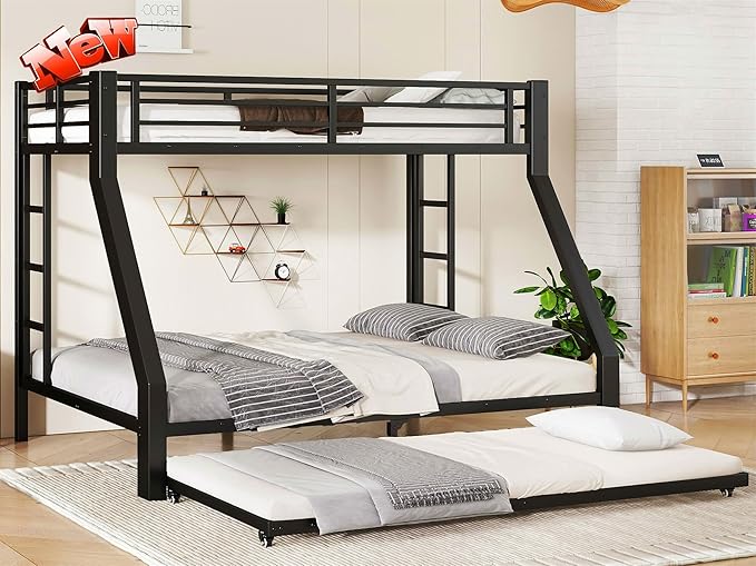 Upgraded & Stronger Heavy Duty Metal Twin XL Over Queen Bunk Bed with Twin Size Trundle for Adults & Teens, Thickened More Stable Safer Bunkbeds (Greater Weight Capacity)