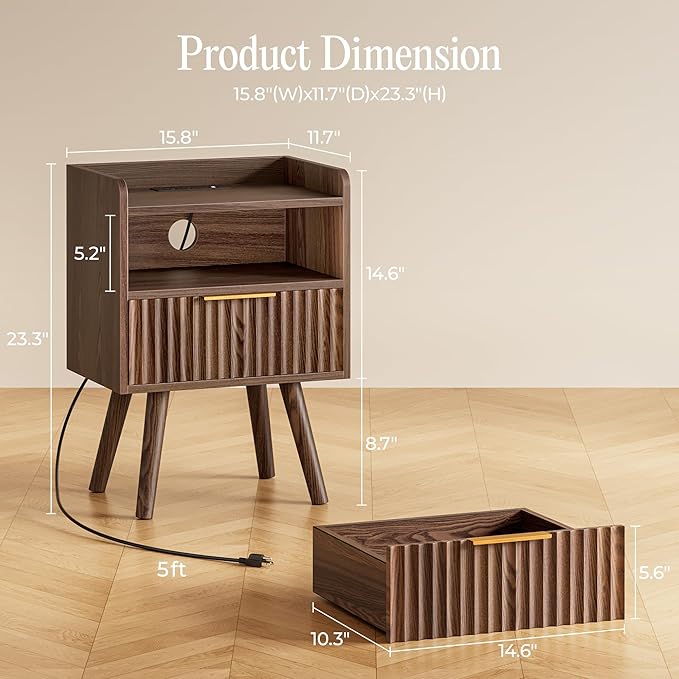 Huuger Nightstand with Charging Station, USB-C Port, Fluted Night Stand with Drawer, Bed Side Table with Solid Wood Feet, Open Storage, End Table with Raised Edge, for Bedroom, Walnut