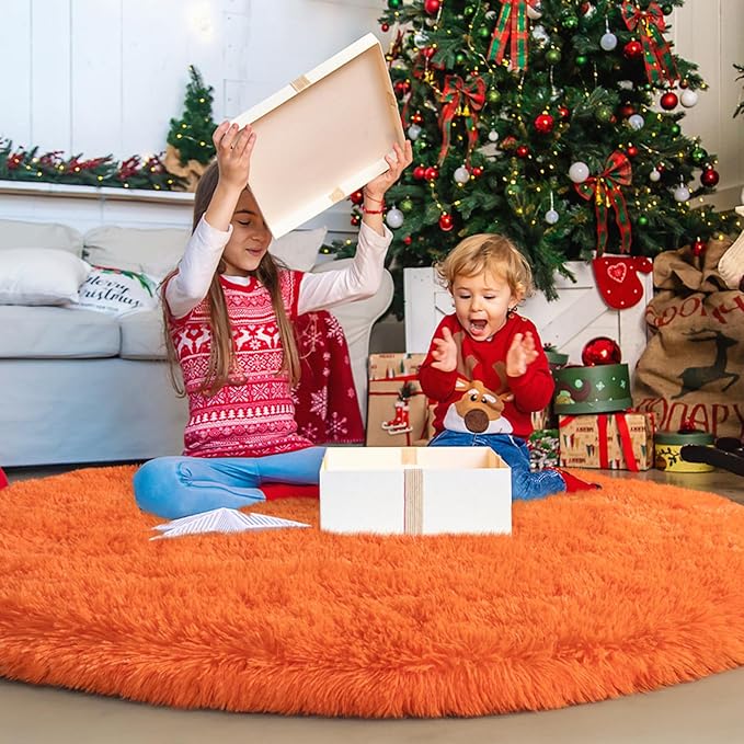 Round Orange Rug for Bedroom, 6 ft Circle Area Rugs for Living Room, Soft Fluffy Shag Carpet for Teen Girls Boys Nursery Room Dorm Home Decor Aesthetic