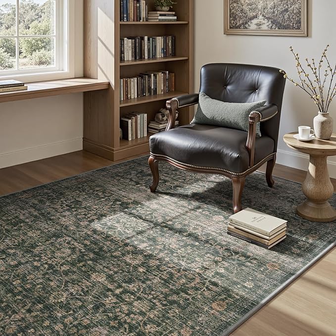 MontVoo-Vintage Area Rug 4X6 Green Rugs for Living Room-Soft Distressed Printed Rugs for Bedroom-Non Slip Carpet-Machine Washable Rug for Dining Room Living Room Bedside Office