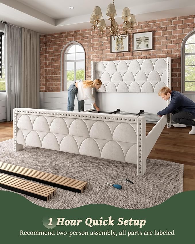 King Size Bed Frame with 56" Headboard - Velvet Upholstered Wingback Platform Bed Frame, Noise Free, Sturdy Wooden Slat Support (Cream, King)