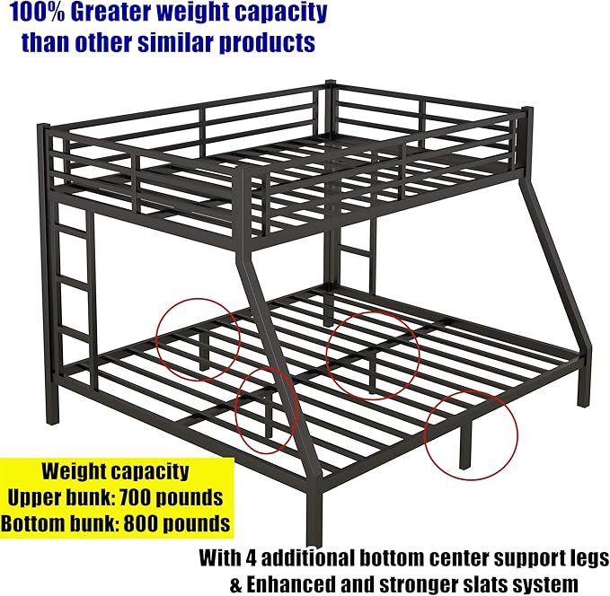 Upgraded & Stronger Heavy Duty Metal Queen Over King Bunk Bed for Adults & Teens, Thickened More Stable Safer Bunkbeds (Greater Weight Capacity) (Queen Over King)